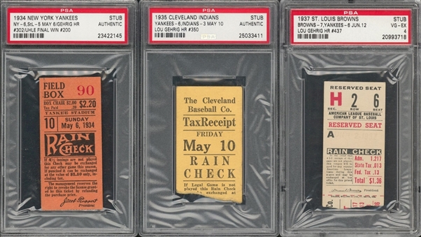 1934-37 Lou Gehrig Home Run Ticket Stub Collection - Lot of 3 (PSA)